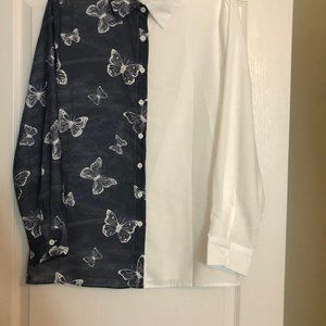 Black and White Long Sleeve Butterfly Blouse - NEW